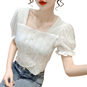 PS17012# 新款韩版蕾丝气质方领短袖上衣女夏季百搭显瘦个性小衫 服装批发女装直播货源