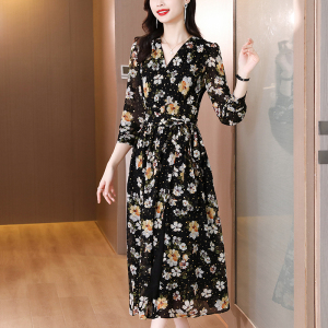 RM967#夏新款韩版雪纺烫金连衣裙女修身气质中长款时尚潮