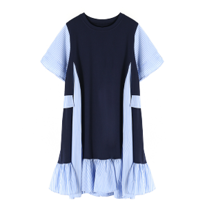 PS16702# 夏季新款韩版时尚显瘦假两件裙子拼色条纹卫衣短袖连衣裙 服装批发女装直播货源