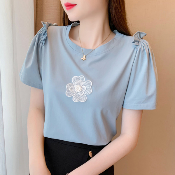 RM2118#夏季新款设计感立体花朵纯色百搭短袖T恤上衣女