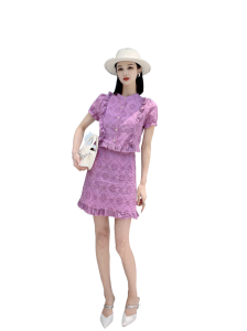 PS17122# 夏季新款木耳边蕾丝短袖上衣修身包臀裙两件套装 服装批发女装直播货源