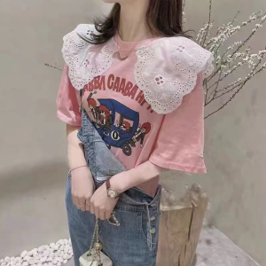 PS19650# 春夏韩国T恤女洋气减龄蕾丝领卡通汽车印花短袖上衣打底衫 服装批发女装直播货源