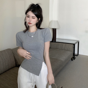 RM3024#不规则t恤女夏2023年新款纯棉短袖设计感小众开叉修身上衣