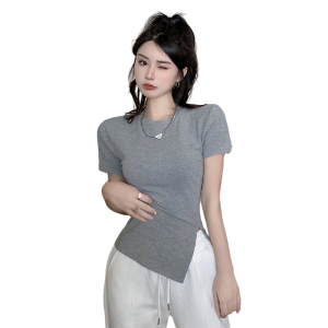 RM3024#不规则t恤女夏2023年新款纯棉短袖设计感小众开叉修身上衣