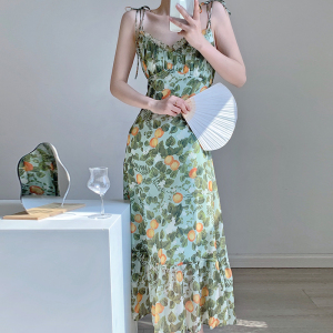 PS41463# 新款春夏季高级感法式复古吊带裙桔梗茶歇绿色碎花连衣裙
