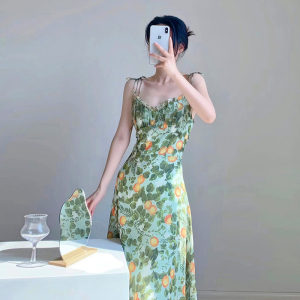 PS41463# 新款春夏季高级感法式复古吊带裙桔梗茶歇绿色碎花连衣裙
