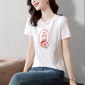RM5314#夏季新款洋气刺绣白色纯棉短袖T恤女设计感ins超火上衣潮