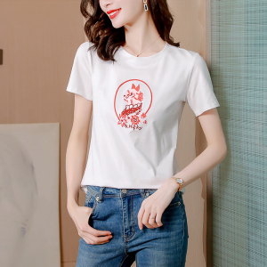 RM5314#夏季新款洋气刺绣白色纯棉短袖T恤女设计感ins超火上衣潮