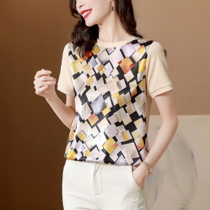 RM5315#缎面拼接针织衫女夏季新款设计感多色立体几何印花上衣