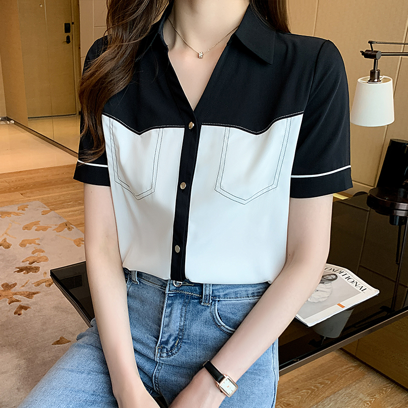 女士襯衫復古港味2023夏季新款v領拼接雪紡上衣韓范寬松短袖