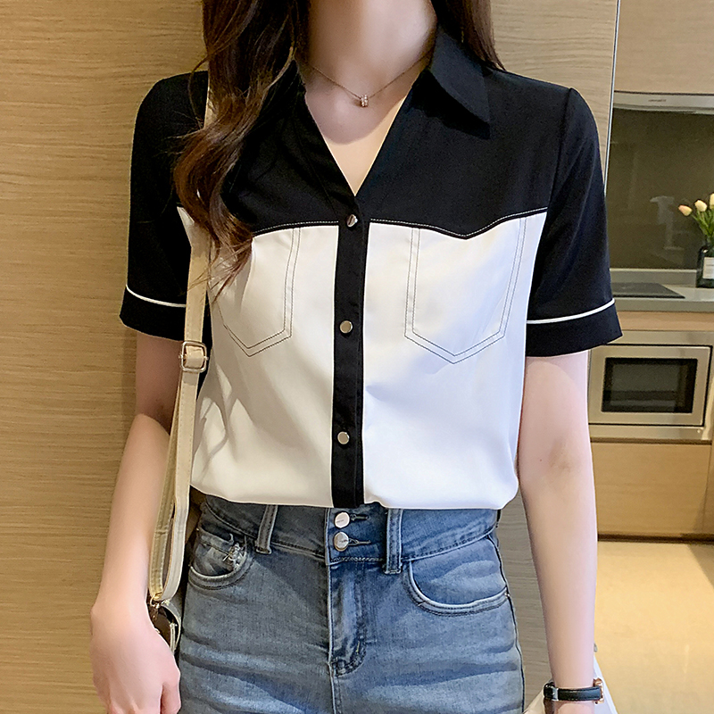 女士襯衫復古港味2023夏季新款v領拼接雪紡上衣韓范寬松短袖