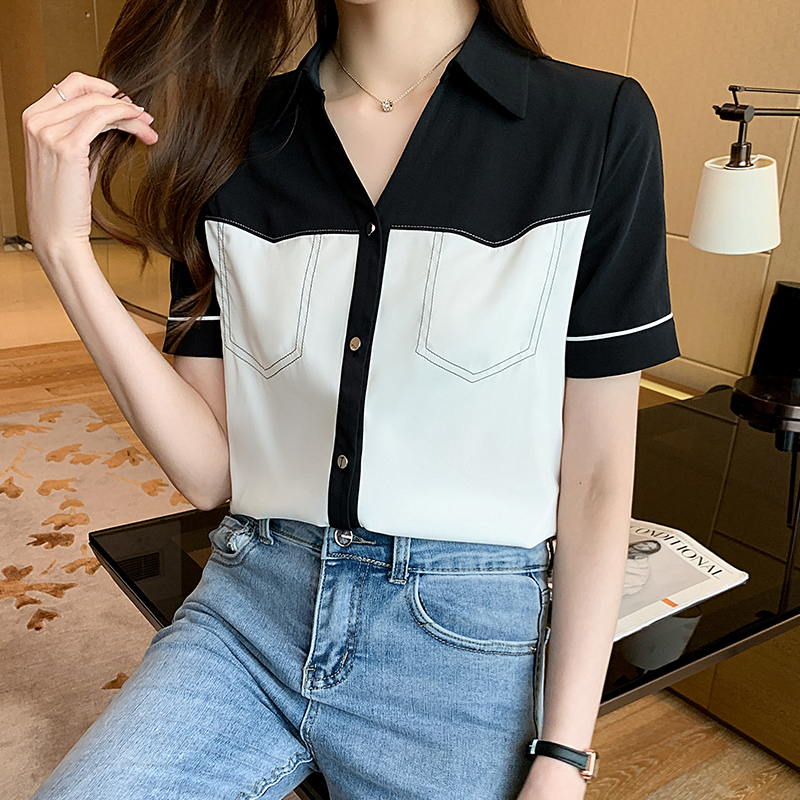 女士襯衫復古港味2023夏季新款v領拼接雪紡上衣韓范寬松短袖