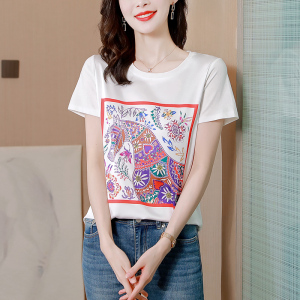 RM5316#真丝t恤女短袖2023夏季新款韩版印花时尚洋气宽松短款上衣女