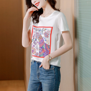 RM5316#真丝t恤女短袖2023夏季新款韩版印花时尚洋气宽松短款上衣女