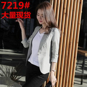 RM11844#棉麻薄款小西装女外套短款2023夏新款韩版修身七分袖休闲小西服