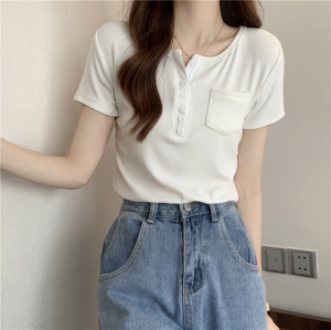KM18706#韩版设计感纯色纽扣圆领百搭短袖T恤
