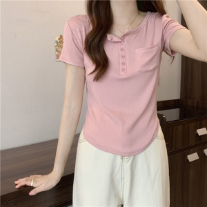 KM18706#韩版设计感纯色纽扣圆领百搭短袖T恤
