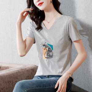 RM5318#夏季新款刺绣重工纯棉V领短袖T恤女设计感小众ins潮上衣