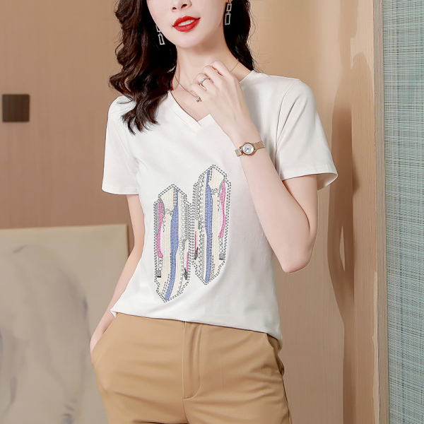 RM5319#夏季新款刺绣重工白色纯棉V领短袖T恤女设计感小众ins潮