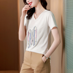 RM5319#夏季新款刺绣重工白色纯棉V领短袖T恤女设计感小众ins潮