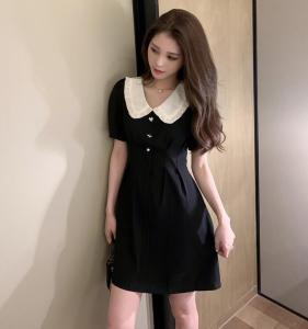 RM46#夏季新款大码女装娃娃领黑色裙子收腰气质短袖连衣裙 M-4XL200斤
