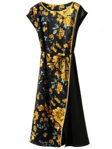 RM19127#高级感连衣裙2023女夏新款修身系带撞色拼接短袖醋酸缎面印花裙子