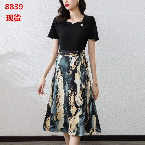 RM6729#显瘦系带春夏连衣裙女2023年夏季新款时尚印花短袖小个子裙子