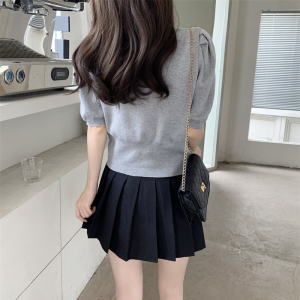 RM5118#夏季新款韩版蝴蝶结拼接短款上衣女V领短袖毛衣针织衫