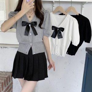 RM5118#夏季新款韩版蝴蝶结拼接短款上衣女V领短袖毛衣针织衫