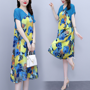 RM8425#时尚妈妈装连衣裙女夏装新款宽松复古印花裙子高端优雅气质长裙
