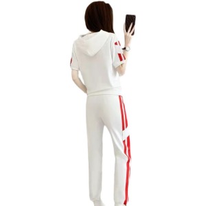 PS23671# 时尚白色运动套装女夏新款高级感连帽短袖时髦休闲跑步两件套 服装批发女装直播货源