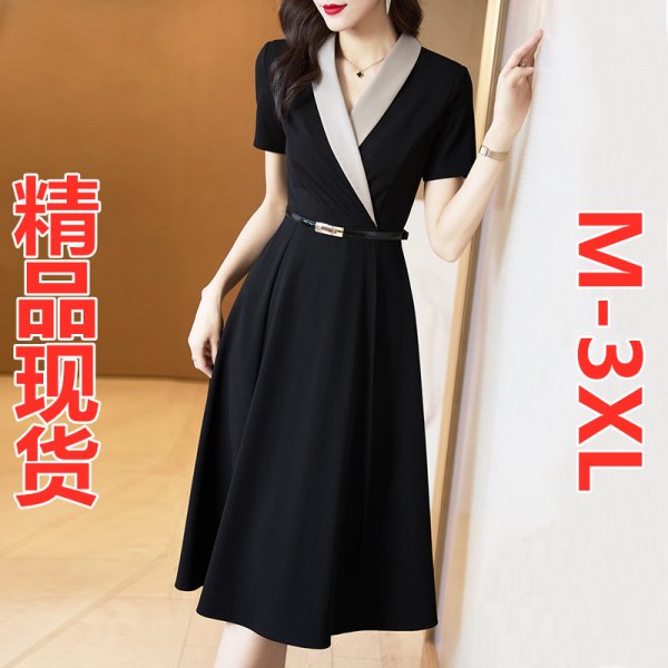 RM5881#黑色V领赫本风连衣裙女 夏季新款收腰显瘦复古气质小黑裙长裙