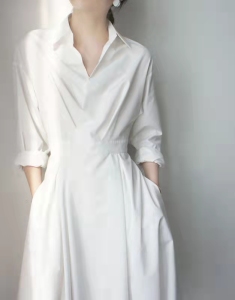 PS19394# 白色Polo领长袖连衣裙女装春季新款收腰显瘦气质中长裙子 服装批发女装直播货源