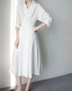 PS19394# 白色Polo领长袖连衣裙女装春季新款收腰显瘦气质中长裙子 服装批发女装直播货源