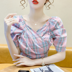 PS32000# 夏季格子衬衫设计感一字肩绑带锁骨泡泡袖女上衣 服装批发女装直播货源