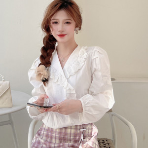 PS20632# 韩系甜美木耳花边系带白色衬衫 服装批发女装直播货源
