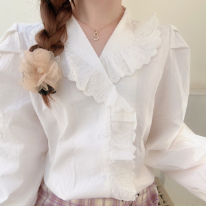 PS20632# 韩系甜美木耳花边系带白色衬衫 服装批发女装直播货源
