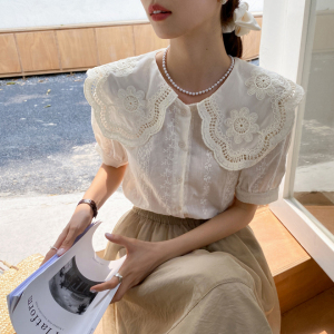 PS19675# 韩系刺绣减龄花边领短袖小衫高级设计感 服装批发女装直播货源
