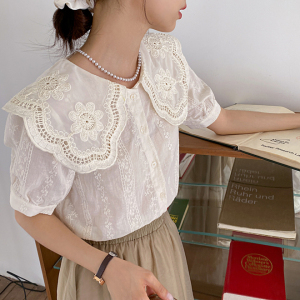 PS19675# 韩系刺绣减龄花边领短袖小衫高级设计感 服装批发女装直播货源