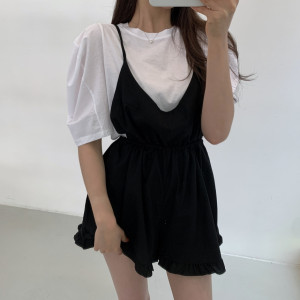 PS19669# 韩国chic夏季泡泡袖T恤+减龄背带短裤 服装批发女装直播货源