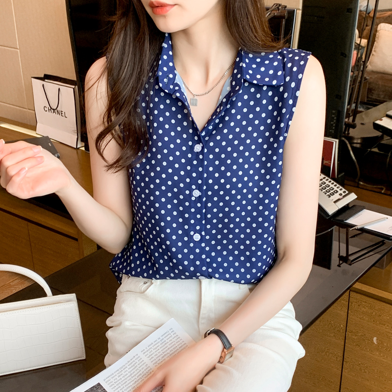 實拍洋氣波點夏季坎肩背心女外穿襯衫無袖雪紡打底衫內搭上衣