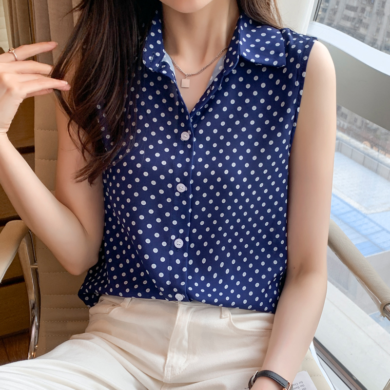 實拍洋氣波點夏季坎肩背心女外穿襯衫無袖雪紡打底衫內搭上衣