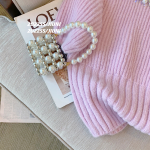PS19120# 重工钉珠粉色短款毛衣女春季设计感小众甜美气质收腰短袖上衣 服装批发女装货源