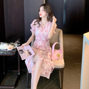 RM21989#夏季新款V领修身抽绳鱼尾长款雪纺开叉连衣裙带胸针