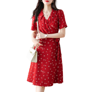 PS28185# 女装红色复古法式侧腰系带一片式连衣裙显瘦夏新款