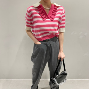 TR12087# 韩国chic减龄木耳边撞色条纹针织衫短袖上衣 服装批发女装服饰货源