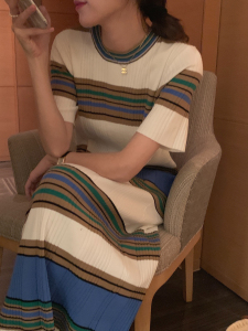 PS34206# 韩版夏季新款休闲撞色针织短袖连衣裙 服装批发女装直播货源