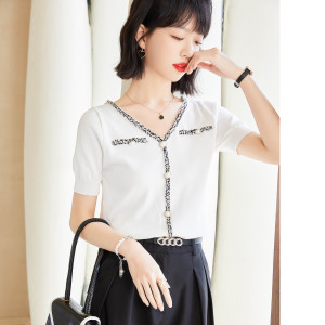 RM819#夏季珍珠扣短袖T恤女气质冰丝针织衫