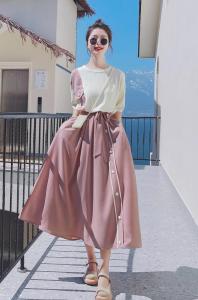 TR19300# 粉色法式小众设计感短袖连衣裙女夏季收腰显瘦气质a字桔梗长裙子 服装批发女装服饰货源
