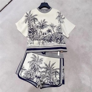 PS19291# 泰国东南亚椰树水墨画丛林提花图案套装T恤短裤两件套批发潮 服装批发女装货源